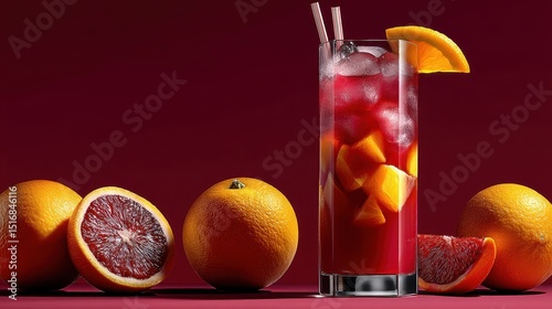 Red berry cocktail garnished with fresh orange slices on a maroon backdrop for a vibrant drink experience