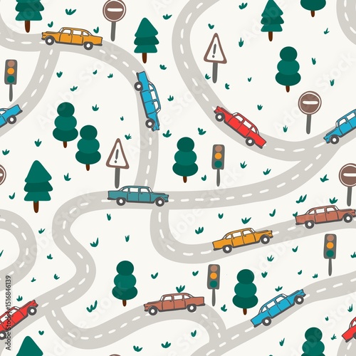 roads, colorful cars and trees pattern design