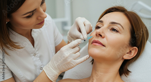 Woman receiving cosmetic injection by a beautician in a clinic with white gloves and a white uniform