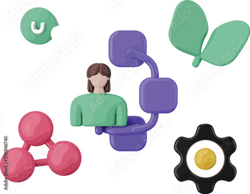 Illustration of a person connected to nodes with leaves gear and atom on a light purple background