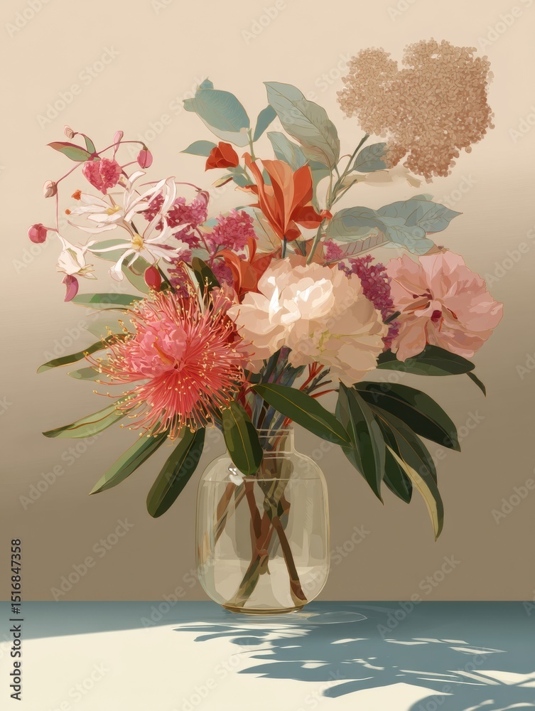 Obraz premium Brightly Colored Flower Arrangement on Kitchen Counter With Soft Natural Light