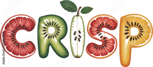The word crisp spelled out with different fruits on a white background in a graphic design style