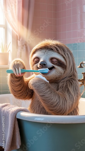 Sloth brushing teeth while sitting in bathtub with morning sunlight  
