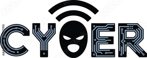 Cyber text with circuit board pattern and masked face with wifi symbol above on a cream background