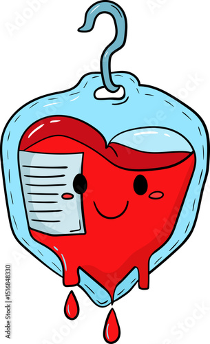 cartoon heart shaped blood bag with smiley face and drops, isolated vector illustration for world blood donor day, healthcare campaign or awareness design