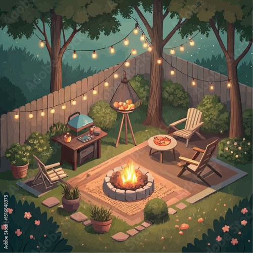 Cozy Isometric Backyard at Night, Illuminated by String Lights, for Evening Relaxation.