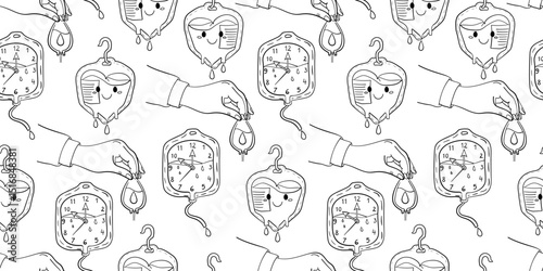 cute seamless blood donor day pattern black outline blood bags, clocks and hands on white background save a life illustration