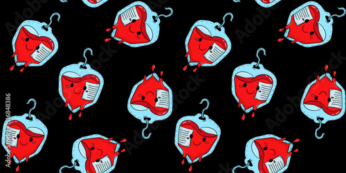 seamless blood bag in heart shape pattern black background cute medical design for donor day