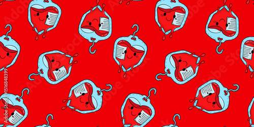 seamless pattern blood bag heart shape donor day red background charity healthcare medical donation volunteer save life cartoon design
