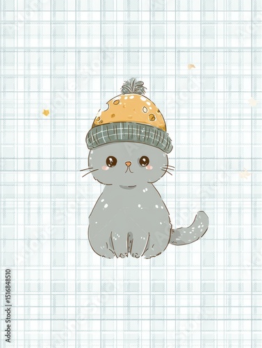 Cute gray cat wearing cheese and green knitted hat with playful expression on a stylish background