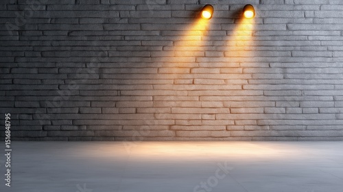 Dramatic spotlight highlights textured white brick wall in minimalist industrial setting at dusk