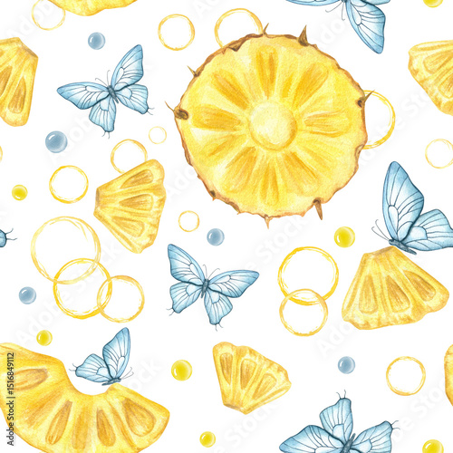 Pineapple slices, fluttering butterflies, abstract yellow juice circles and blue yellow droplets watercolor isolated seamless pattern. Hand painted tropical fruits illustration for kitchen textiles.