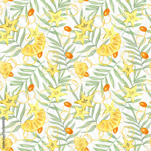 Seamless watercolor pattern with pineapple slices, starfruit and kumquat among tropical leaves. Bright, juicy and exotic illustration isolated background. For decor, textile design and summer branding