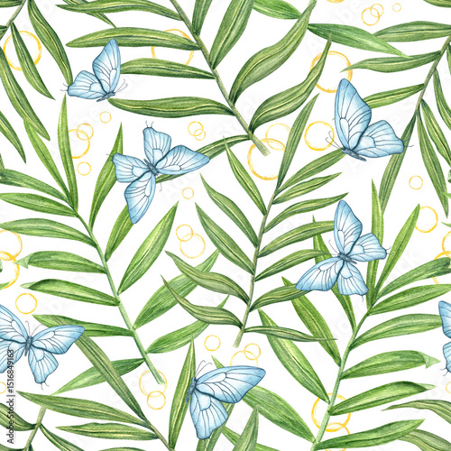 Dreamy watercolor isolated seamless pattern with blue butterflies flying among tropical leaves and abstract yellow fruit juice circles. Hand painted illustration for spa branding, wedding stationery