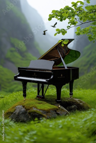Grand piano nestled in a lush valley surrounded by misty mountains and soaring birds at dawn