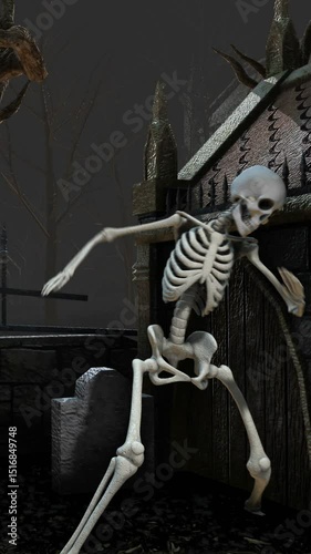Seamless vertical video of skeleton dancing salsa in a cemetery at night. Funny halloween background.