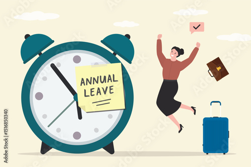 Happy female employee with luggage near alarm clock. Annual leave note on watch. Break, take day off and relax from hard work, schedule reminder of annual leave concept.
