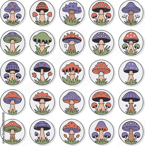 Colorful Mushroom Circle Collection Cute Wild Forest Fungi	