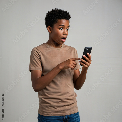 Black teenage boy with surprised expression holding smartphone