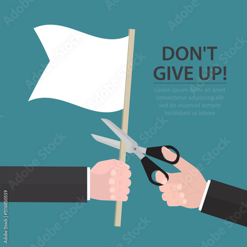 Human hand uses scissors and cutting white flag. Never give up, landing page template. Helping in overcoming obstacles and problems. Business support