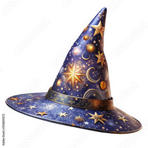 A detailed blue wizard hat adorned with golden stars, planets, and cosmic designs, perfect for magical themes and fantasy events.