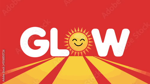 Glow text with sun illustration on red background with yellow rays emanating from the bottom center