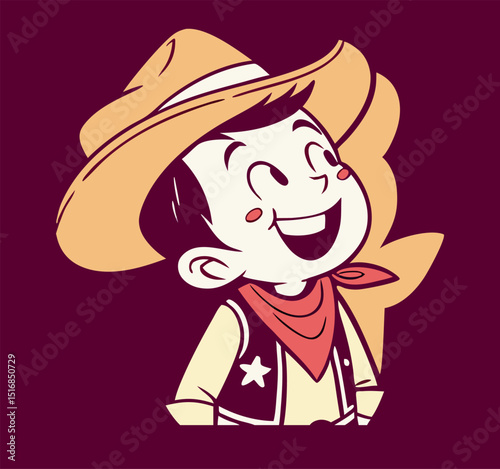 Smiling cartoon cowboy character wearing hat and bandana smiling joyfully