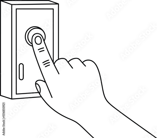 Illustration of a hand pressing a white doorbell mounted on a beige wall with black outline art