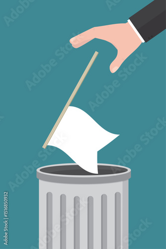 Human hand throw white flag into trash can. Never give up, vertical motivational banner template. Overcoming obstacles and problems. Business support. Positive thinking