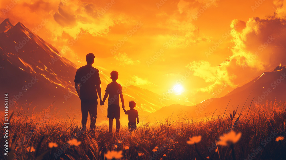 Fototapeta premium Silhouettes of father and two sons holding hands, standing on a meadow and watching the sunset behind the mountains. Emotional family moment. Fathers day.