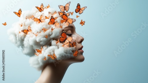 Merging of a woman's face with butterflies and clouds in a dreamlike surreal artwork evoking soft fantasies and ethereal beauty