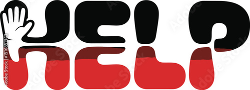 The word help in bold black and red font with a hand incorporated into the letter h on a white background