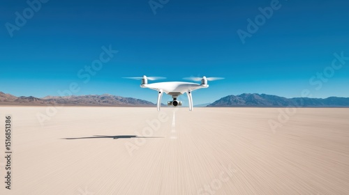A pristine white drone prepares for take-off on a vast desert expanse, embodying innovation and adventure in a remote, stunningly beautiful landscape.