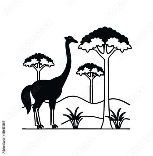 Vector illustration of a cute giraffe silhouette, a wild animal like an ostrich, isolated 