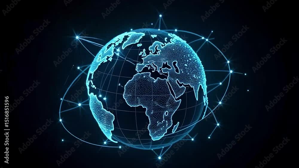 Glowing digital globe with global network and data flow