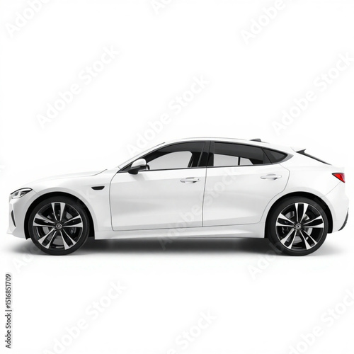 Side view of a sleek white sedan with dark tinted windows and stylish rims against a plain white backdrop created with generated ai