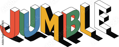 Isometric jumble text with colorful letters and black shadows on a cream colored background art