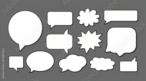 Collection of various white speech bubbles and thought bubbles on a gray background design element created with generated ai