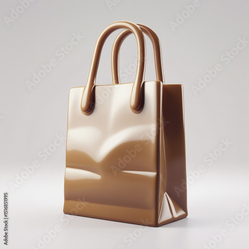 A glossy caramel colored shopping bag with rounded handles sitting on a white surface in a studio shot created with generated ai