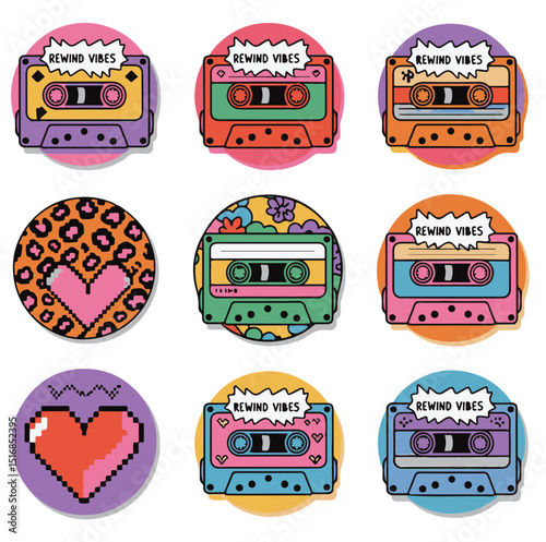 Colorful Retro Cassette Tapes and Hearts on Circles