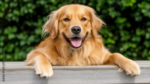Happy golden retriever dog resting its front paws on a wooden surface outdoors photo