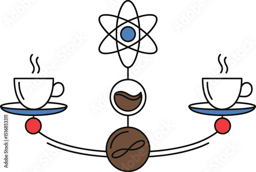 Illustrated depiction of two coffee cups balanced with an atom and coffee bean symbols design