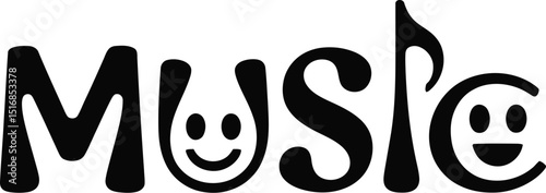 A stylized black and white image showing the word music with smiley faces in place of letters