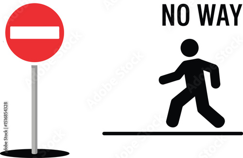 Illustration of a no entry sign and a stick figure walking with the text no way above it all on yellow