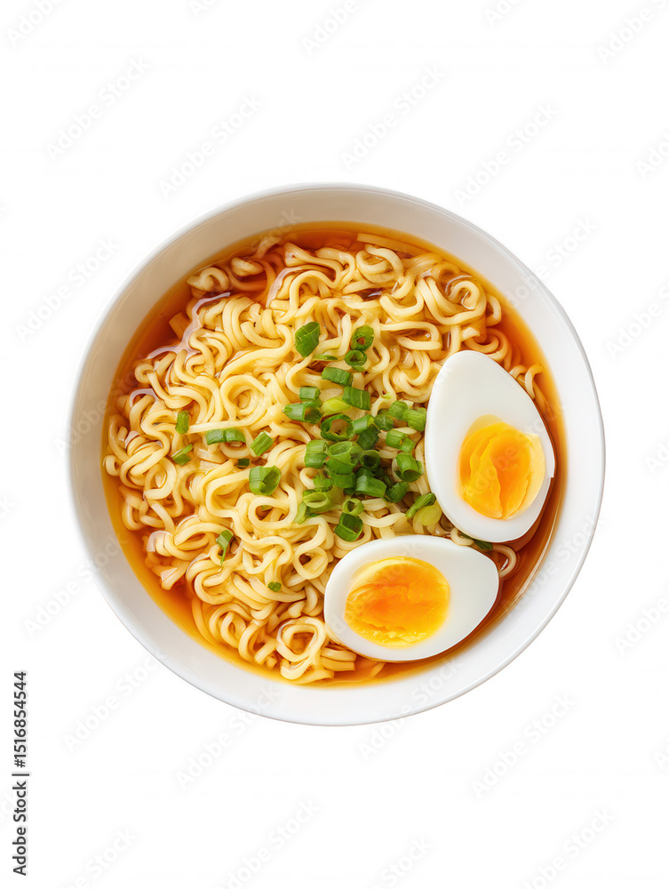 A delicious bowl of ramen noodles with sliced hard-boiled eggs and chopped green onions sits invitingly against a crisp white backdrop for a simple meal picture. A delicious bowl of ramen noodles with sliced hard-boiled eggs and chopped green onions sits invitingly against a crisp white backdrop for a simple meal picture.