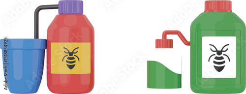 A simplistic rendering of two pesticide containers with bee warning labels on a plain background space