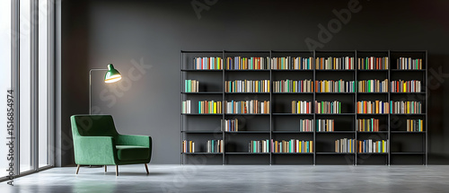 Modern Library Interior With Dark Gray Walls And Green Armchair
