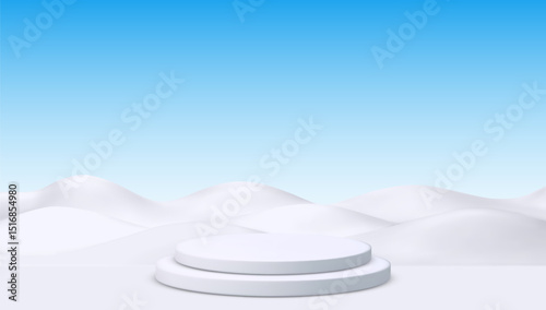 3D Vector Illustration of Minimalistic Snowy Hills and White Podium