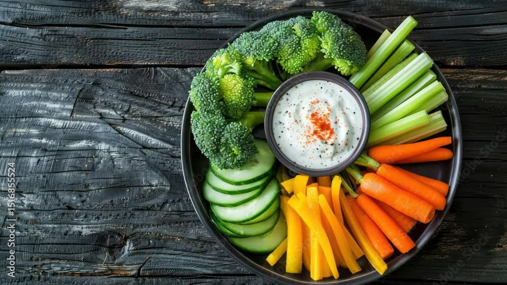 Colorful array of fresh vegetables like broccoli, carrots, and cucumbers served with a creamy dip for nutritious snacking