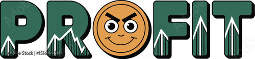 The word profit in green with a smiling coin face and upward trending graph lines on a gray background
